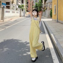 여성 여름 멜빵 바지 팬츠 오버롤 노랑 면바지 코튼 점프수트 멜빵면바지 와이드