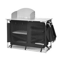 PETSITE 수납정리함이 있는 휴대용 캠핑 키친 테이블 알루미늄 앞유리 접이식 조리대 싱크캠프 주방기구 BBQ 파티 피크닉 블랙