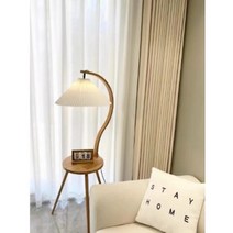 [해외직구] 사이드 테이블 플로어 장스탠드, 크림 화이트 + 우드 (웜라이트 전구 1개 증정)