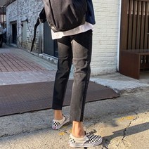 맨즈캐슬 딱떨어지는핏 흑청 스판9부 히든밴딩 크롭 데님 청바지 빅사이즈 허벅돼