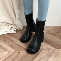 셀러허브(잡화) 여자 미들힐 둥근코 지퍼 인조가죽 워커힐 부츠