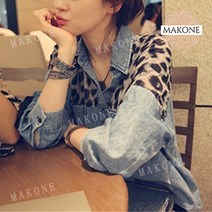 Makone 상표등록 여자 청 호피 남방 블라우스 빅 사이즈 데님 셔츠