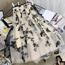 긴 튤 스커트 여성 빈티지 나비 자수 탄성 높은 허리 a-라인 메쉬 플리츠 스커트 미디 Faldas Jupe