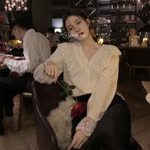 V넥 레이스 블라우스 러플 케이프 쉬폰 셔츠 럭셔리 고풍스런 스타일