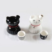MH 흰고양이 검은고양이 일본술잔 도쿠리세트 도자기술병