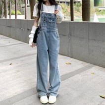 [오늘출발] 빈티지 포켓 트립 여자 데님 청 멜빵 바지 오버롤 롱 와이드 팬츠
