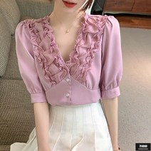 가바바 여성 빅사이즈 블라우스 넥라인 꽃잎프릴 포인트 로맨틱 페미닌 여름 블라우스 G62101