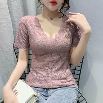 Baiwife 브이넥레이스라글란메쉬펀칭상의블라우스슬림반팔티셔츠