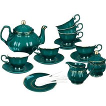 애프너눈티접시 화소반 애프터눈티세트 에프터눈티 fanquare 21피스 빈티지 도자기 차 세트 6인용 다크 그린 커피 서비스 찻주전자 밀크 포트 설탕 그릇 접시 숟가락 포함