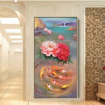 잉어 재물운 구어도 모란 현관 보석십자수 재료, 80x150CM