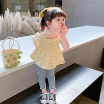 쁘띠앙쥬 여름 여아 데님체크 2종세트 청바지+체크블라우스
