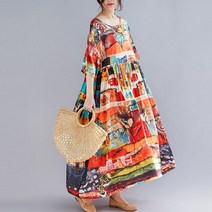 대형 여성 여름 Boho 드레스 코튼 린넨 꽃 프린트 캐쥬얼 롱 보헤미안 비치 2022