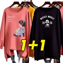 1+1 캐릭터 롱 맨투맨 여자 원피스 루즈핏 라운드 롱 긴팔티 빅사이즈