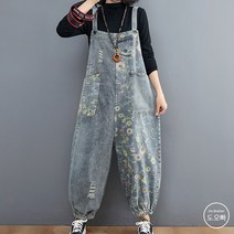 도오빠 여성 데님 멜빵바지 배기 청바지 꽃무늬 팬츠 일자핏 스트레이트진 데미지진 빅사이즈 점프수트 원피스 여자멜빵바지