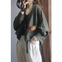 빈티지 린넨자켓 여성 루즈 긴팔 V넥 크롭 가디건