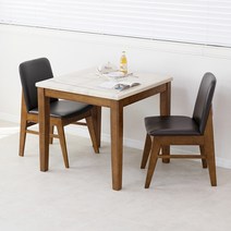 라로퍼니처 로망 800 천연 대리석 2인 식탁 세트 2인용 고무나무 원목 테이블, 식탁 의자2