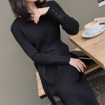 탄탄하고 슬림한 여자 골지니트 벨티드 롱원피스 3색