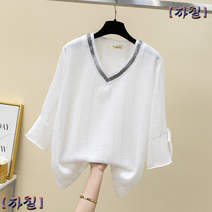 쉬폰 XXXL 3XL 리본 땡땡이 스트라이프 도트 블라우스 반팔 여성큰옷 빅사이즈 블라우스 화이트