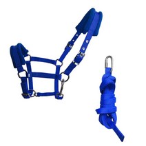 헤비 듀티 말 고삐 고삐 Headstall Halter 두꺼운 승마 액세서리 조절 가능 3M 길이 부드러운 스폰지 쿠션 말 유도, 면, L 사이즈 블루