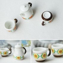 미니 도자기 티포트 찻잔 미니어처 세트 장식소품, 그린 오렌지