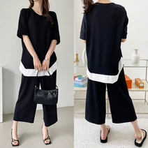 허밍퍼플 여성용 3531-S 트리밍 세트 빅사이즈 상의 하의 통바지 편안한 심플 오버 플러스 사이즈 큰 옷 캐주얼 여성의류