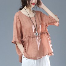 여성 봄 여름 면 마 블라우스 허리스트링 반팔 티셔츠 SFW0307019