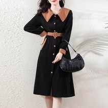 오버클래쓰 여성 미디 원피스 심플 벨티드 배색 카라넥 데일리룩