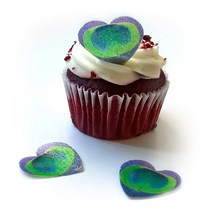 24 Purple Green Heart Love Edible Wafer Paper Peacock Feathers Very Small 0.75” Feather Cake Cupcake, 1
