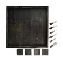 TARAH ENTERPRISES Large Wood Tray - Inset Metal Handles Rustic Wooden 23 x 23 x 2 Inches Square Serv