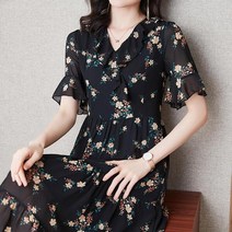 플라워쉬폰블랙반팔원피스