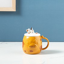 큐티 고양이 도자기 머그컵+숟가락+뚜껑 3종세트 400ML 손잡이형 커피컵 애니멀 캐릭터 패턴 가정용 아침 우유 머그컵 커피잔 물컵 선물세트, 커피색, 머그컵+숟가락+뚜껑 선물함세트