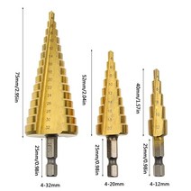 HSS 티타늄 코팅 스텝 드릴 비트 3개 세트 0.6cm(1/4인치) 육각 섕크 퀵 체인지 고속 스틸 콘 키트 플라스틱 목재 금속 시트 알루미늄 구멍 드릴링용 (미터법 4-