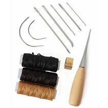 가죽 공예 도구 12개 뿌리 손 바느질 바늘 5개 곡선형 2개 왁스 처리된 스레드 코드 3개(블랙 베이지 다크 브라운) 드릴 송곳 1개 골무 1개 포함 수리 요구 사