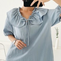 여성 빅사이즈 러블리 퍼프소매 셔링 카라 반팔 롱 린넨원피스