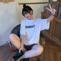 스타일아유 면혼방 SUNDAY 레터링 오버핏 여성용 반팔 빅사이즈 박시 롱 티셔츠 [AYN6TS522A]
