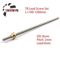리드 스크류 T8 피치 2mm 4mm OD 8mm 100mm 150mm 200mm 300 350 400mm 500 600 1000 1200 Mm CNC 3D 프린터 용 황동 너트, 1200mm