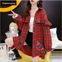 퀸앤조이 체크무늬 프린팅 프릴 롱남방***판매자 퀸앤조이**