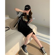 블랙 반팔 배색 나그랑 롱 원피스 77사이즈까지