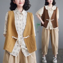 여름 여성 복고 캐주얼 꼬임 라인 시원한 면마 조끼 린넨 베스트