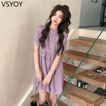vsyoy 한국 단색 느슨한 풀오버 드레스 새로운 달콤한 캐주얼 주름 치마