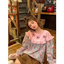 여자 핑크 플라워 꽃무늬 하트 프릴 러블리 러플 브롯지 배색 a라인 셔링 롱 블라우스