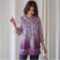 이헌영패션 64%빅세일!! 여름 라운드넥 8부소매 쉬폰블라우스겸 쿨티셔츠 레이어드스타일 앞날개쉬폰 팔소매쉬폰 몸판쿨스판 티소재 은은한꽃무늬 그라데이션 뒷지퍼 2컬러 핑크 민트