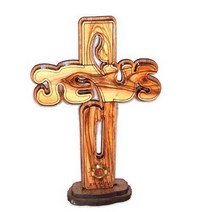 Holy Land Market Jesus Name Olive Wood Cross Carved by Laser with Incense Sample- Hanging or Standin, 1