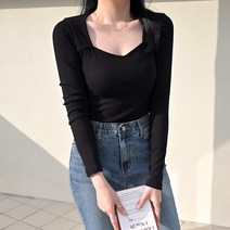 데일리앤 비엔 여성 데일리 골지 레이온 무지 하트넥 스퀘어 긴팔 티셔츠 봄 가을