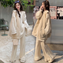 vsyoy 출산 니트 스웨터 캐주얼 가을 및 겨울 3 피스 세트 큰 배 살포 독특한 술 넓은 다리 바지 세련된 정장