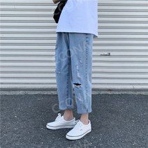 남성 와이드 청바지 남자 작업복 여름 통 찢어진 고무줄 연청 찢청 캐주얼 데님 바지