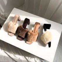 리얼 밍크 미들힐 털 퍼 뮬 슬리퍼힐 6cm