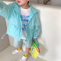 돌 아기 유아동 키즈 주니어 남자 여자 아이 공용 여름 간절기 아우터 하늘색 사각 체크 장마철 외투 에어컨 얇은 바람막이 스트링 집업 후드 긴 팔 점퍼
