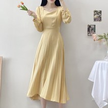 [4color/주문폭주!/대존예핏] 하트넥 주름 플리츠 퍼프 플레어 뒷리본 하객 롱 원피스 데이트