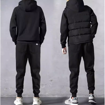 남성 가을겨울 후드맨투맨+패딩조끼+트레이닝바지 기모 상하의3종세트